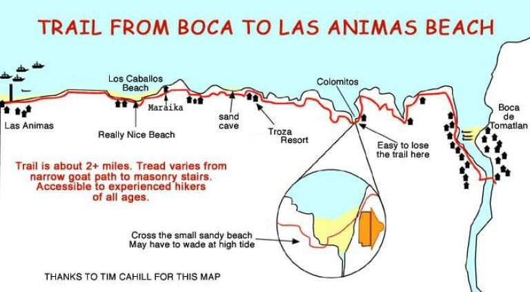Boca to Las Animas beach trail map.