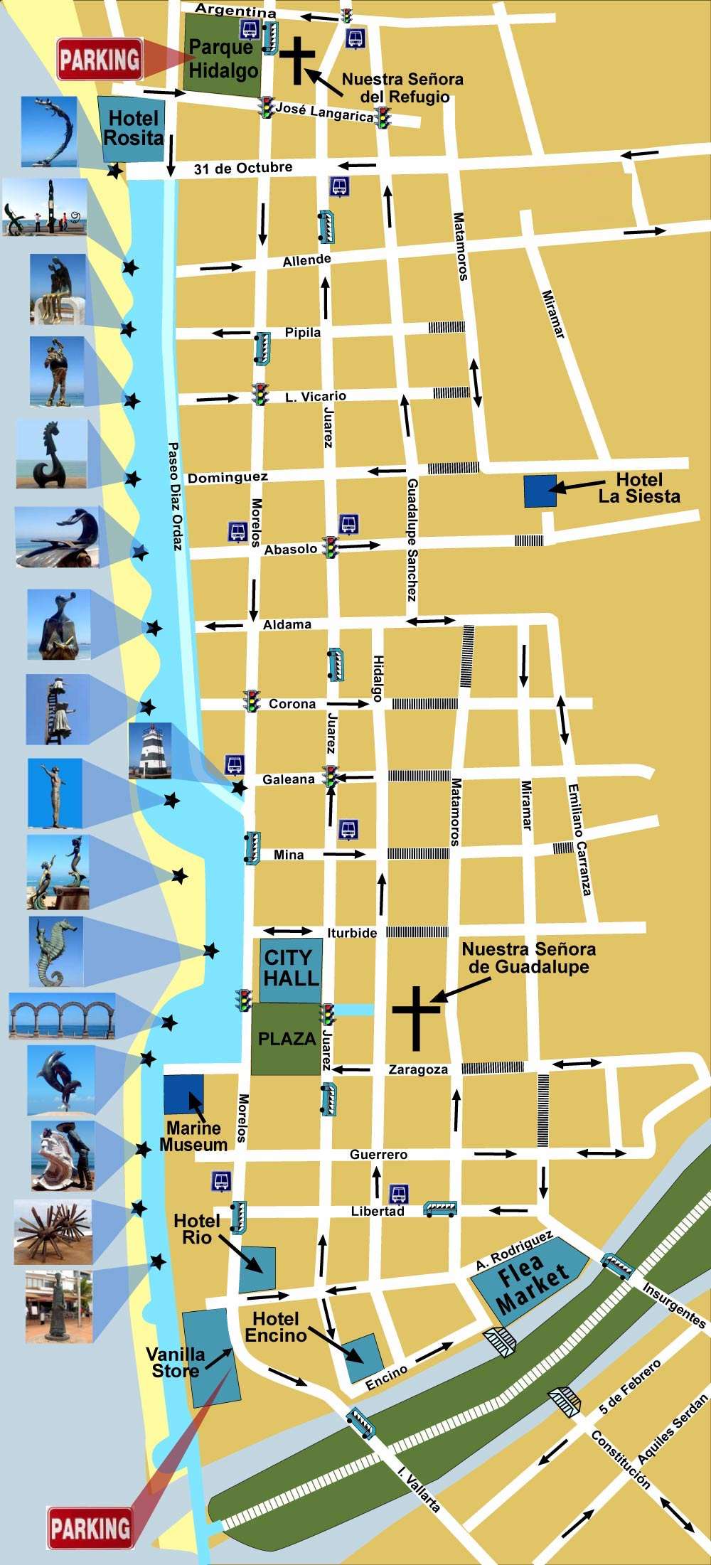 Puerto Vallarta Downtown Map with statues.